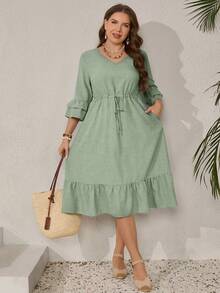 Vestido casual de talla grande con cintura con cordón y dobladillo con volantes de unicolor - Verde - Ver 1