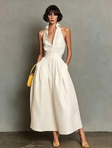 2026 Summer Solid Color Casual  Sexy Sleeveless Shirt Collar Dress For Women Loose Fit Mini Length Elegant Office Party Streetwear - 乳白色 - 查看 2