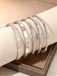 5PCS Fashion Minimalist Style Stainless Steel Women's Bracelet With Four-Leaf Flower Glass Inlay Decoration, Suitable For Women's Daily Life, Work Commute Or Travel - Set1 5PCS - View 10
