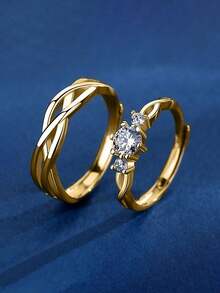 Bộ 2 nhẫn đôi thanh lịch đính đá Cubic Zirconia, vòng nhẫn điều chỉnh được, chống phai màu, không gây dị ứng, trang sức quà tặng đám cưới và kỷ niệm lãng mạn - Vàng - Xem 3