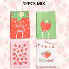 12/28piezas Bolsas de regalo con patrón de fresa, suministros de embalaje de regalo de fresa rosa rojo verde, adecuados para fiestas temáticas, bodas, recuerdos de fiesta de cumpleaños, almacenamiento de artículos de picnic al aire libre, decoración de mesa del hogar, regalos de cumpleaños, recuerdos de fiesta - 260-1-2-3-4 - Ver 12