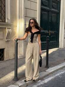 Quần dài nữ mặc đi làm hàng ngày mùa hè, quần ống rộng lụa băng mỏng cạp cao, dáng rủ suông rộng, phong cách casual, bề mặt vân nổi - Màu be - Xem 5