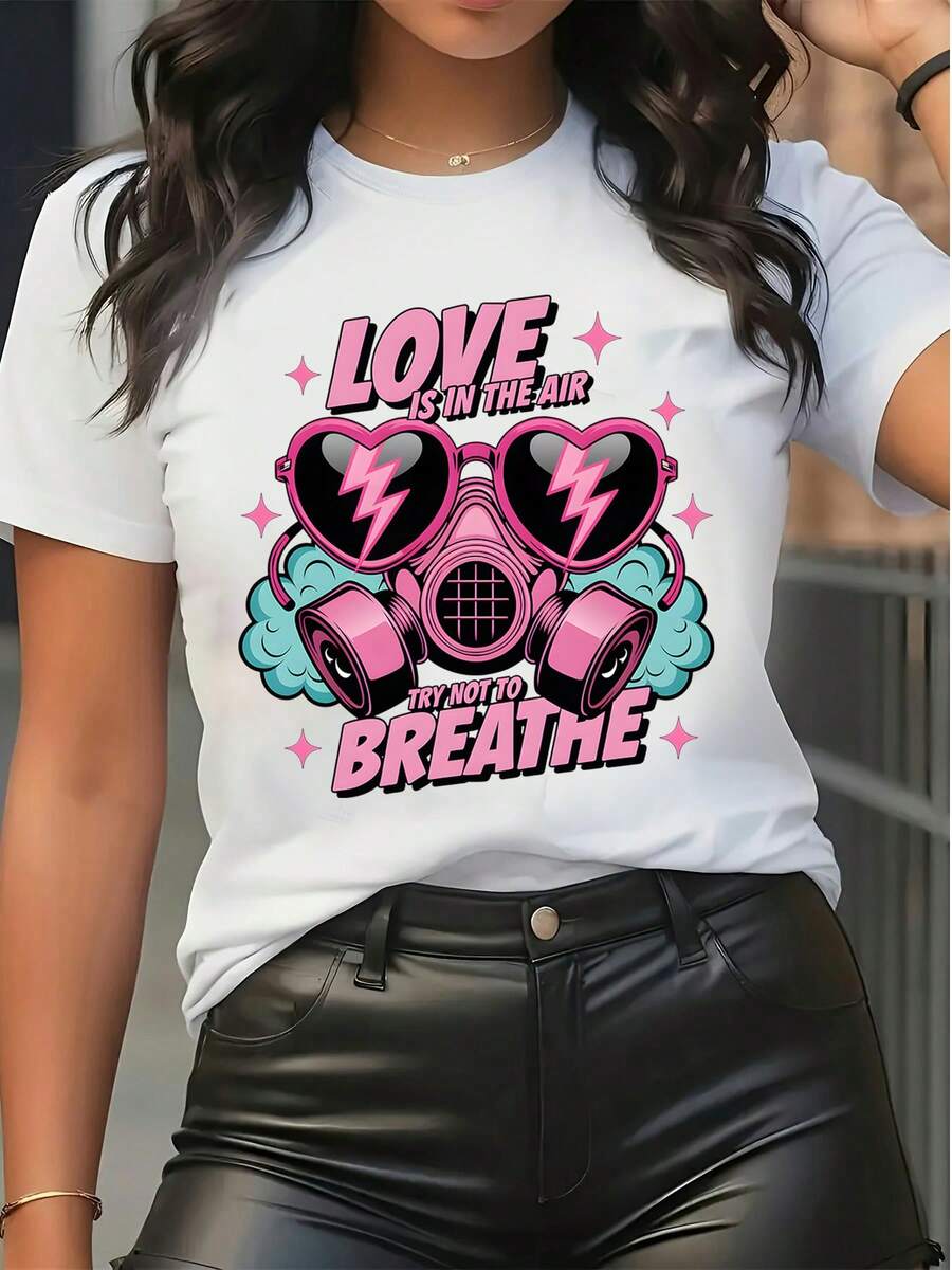 Women's Pure Cotton Short Sleeve T-Shirt Graphic Print Love Theme Gas Mask Pattern Casual  Daily Top - White - View 1