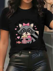 Women's Pure Cotton Short-Sleeve Graphic T-Shirt Cute Raccoon Popcorn Print Casual Summer Slogan Tee MY HEART POPS FOR YOU Top - Black - View 1