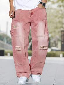 Men's Fashion Distressed Patch Embroidered Wide Leg Jeans - Pink - View 4