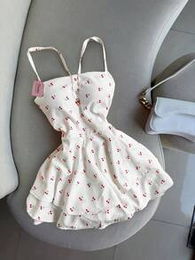 New Women's Floral Print Dress, Strappy Back, Backless, Multi-Layered, Pastel Style, Ideal For Dates, Vacations, Meetings, Parties, Holidays And Daily Wear - 象牙白色 - 查看 1