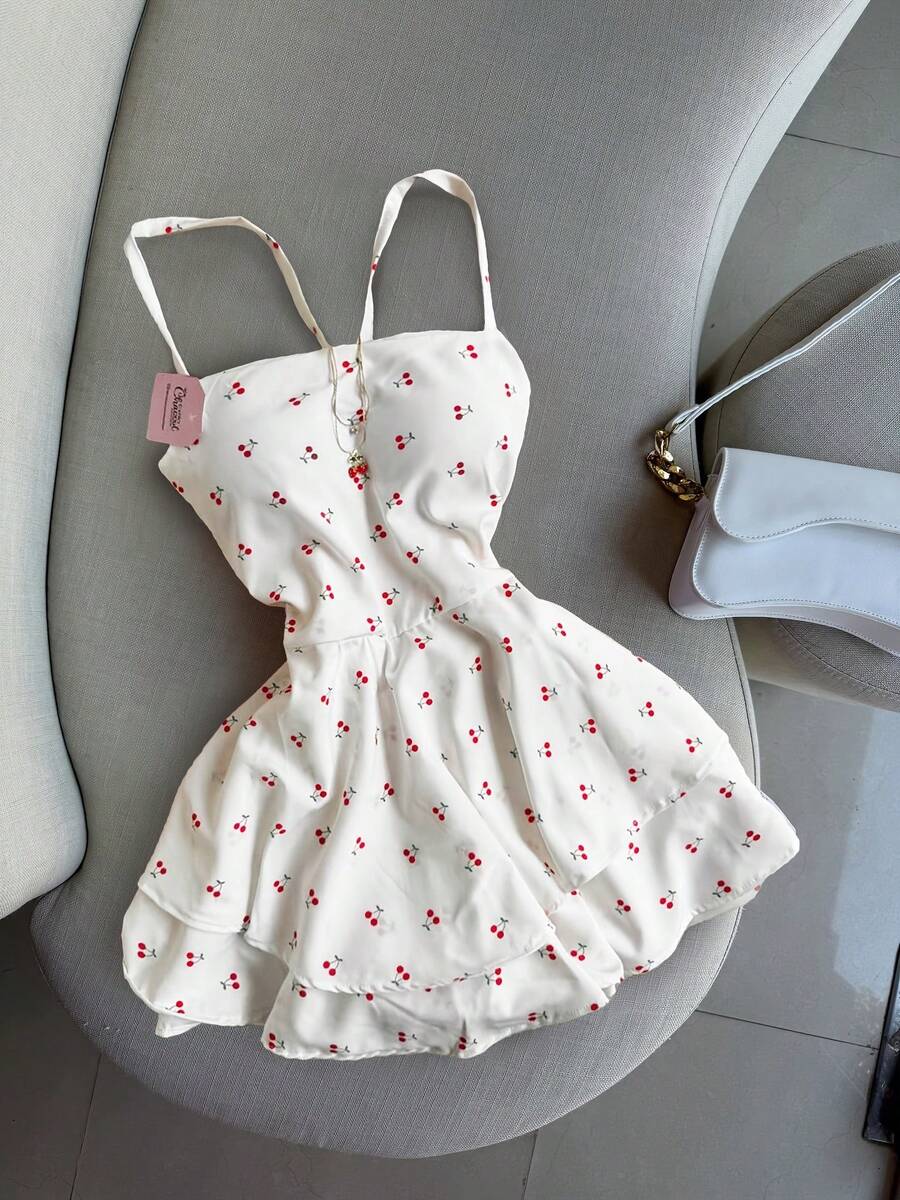 New Women's Floral Print Dress, Strappy Back, Backless, Multi-Layered, Pastel Style, Ideal For Dates, Vacations, Meetings, Parties, Holidays And Daily Wear - 象牙白色 - 查看 1