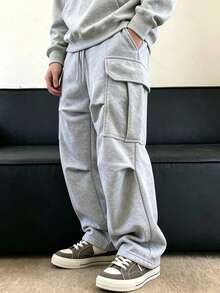 HEYKESON Mens Wide Leg Cargo Sweatpants Elastic Waist Drawstring Casual Jogger Pants With Multi Pockets - Light Grey - View 3