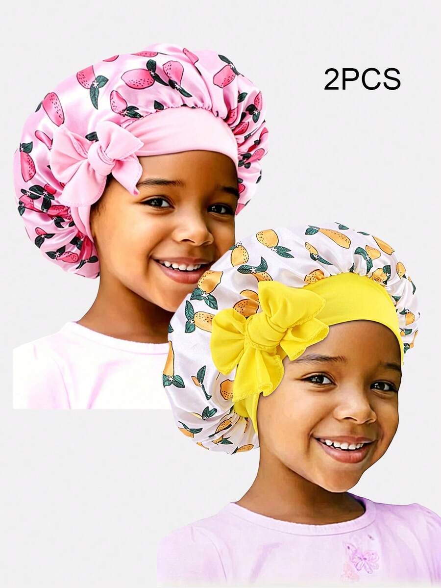 2 piezas Gorros de pelo redondos de satén con cinta elástica estampada para niños, adecuados para uso diario - JDKB-21E Rosa Mango/Blanco Mango - Ver 1