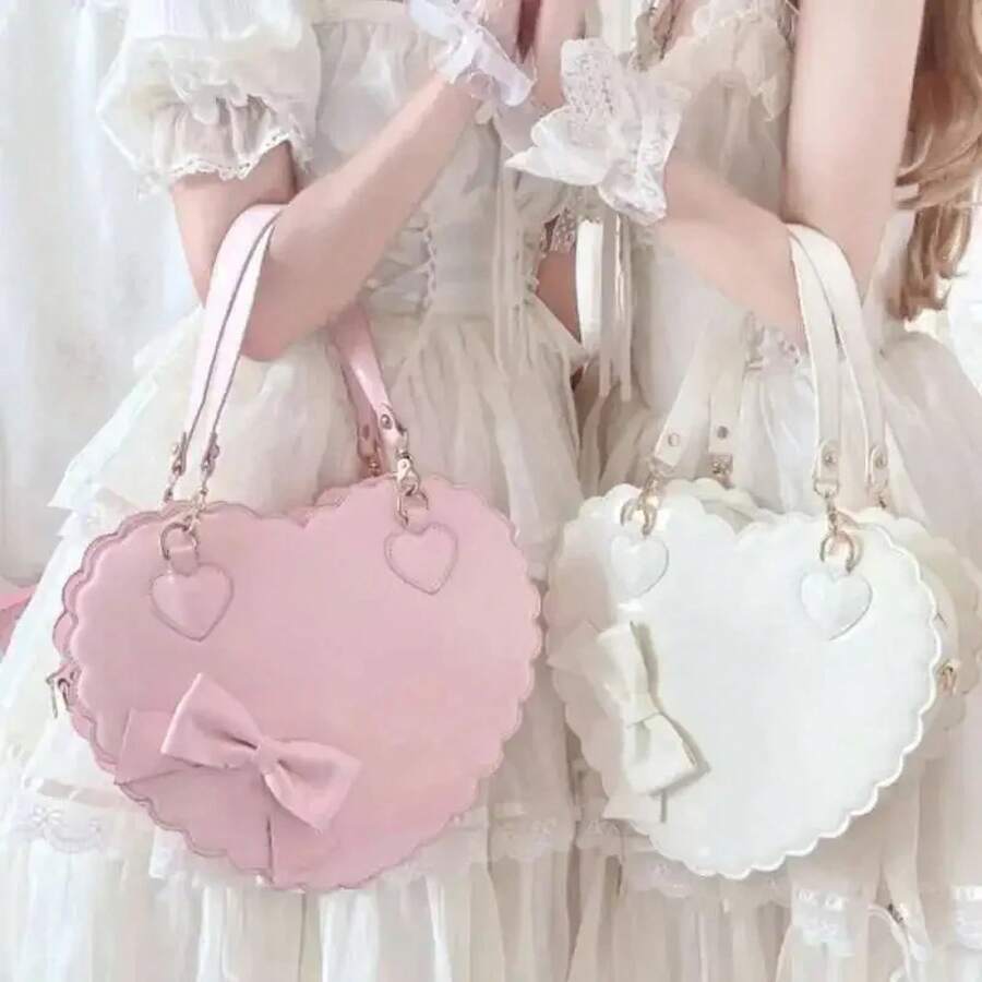 Bolsos de mano de PU con forma de corazón para niñas, decoración con lazos, bolsos de hombro japoneses, monederos de concha Kawaii de dos tamaños, bonitos bolsos de mensajero rosas, regalos - Rosa pequeño - Ver 1