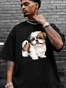 T-shirt chiot Shih Tzu en coton doux, col rond, coupe ample, confortable et décontracté - Noir - Voir 2