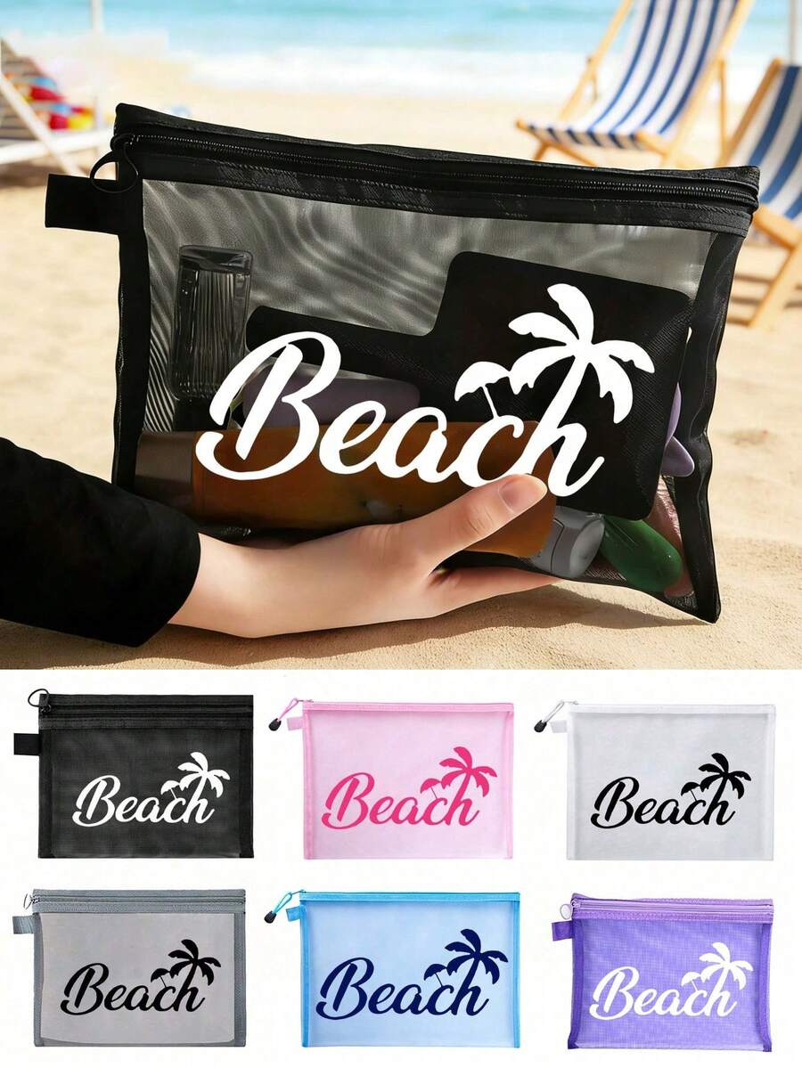 多色時尚網格沙灘包，印有「Beach」文字的化妝包，沙灘主題。大容量透明化妝包，尼龍拉鍊化妝包，輕巧，可存放防曬霜、零食、比基尼和沙灘必需品。春/夏儲物，耐用，非常適合游泳、沙灘、潛水和夏季假期，學生開學，輕巧防曬儲物包，適合朋友、母親節、開學季