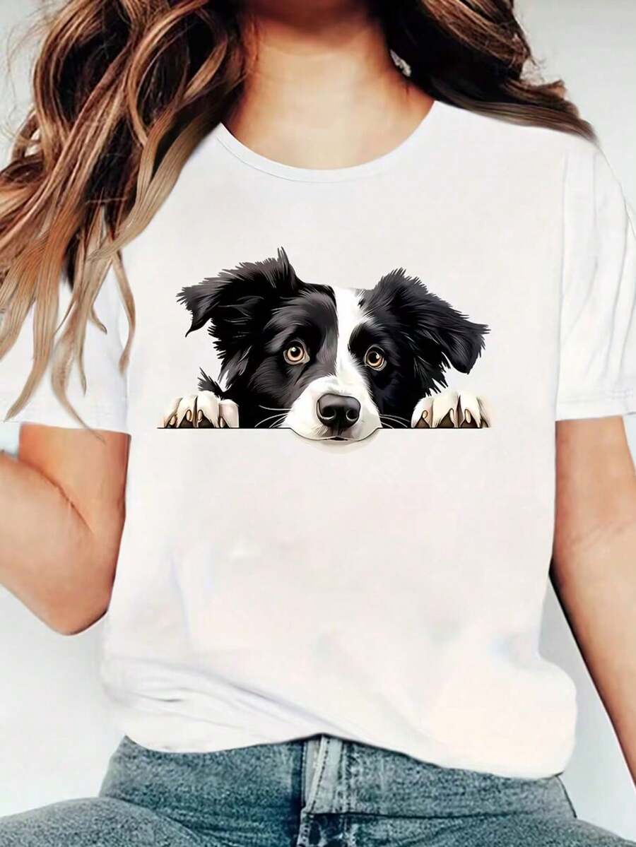 Camiseta de manga corta blanca para mujer, 100% algodón puro, con diseño gráfico de un "Border Collie acostado y adorable", cuello redondo, estilo casual de verano, lavable a máquina, cómoda - Blanco - Ver 1