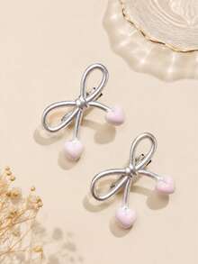 2 piezas Clips de cabello para niñas con lazo plateado y corazón rosa, lindos para flequillo lateral, adecuados para peinado diario - Multicolor - Ver 4