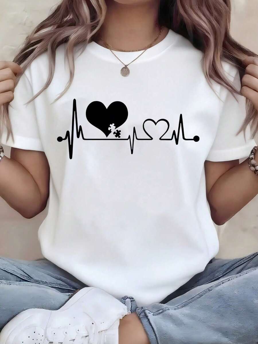 Women's Black T-Shirt With Leopard Heart Graphic And Heartbeat, Aesthetic Style Short Sleeve T-Shirt With Electrocardiogram Line, Minimalist Modern Top - 白色的..... - 查看 1