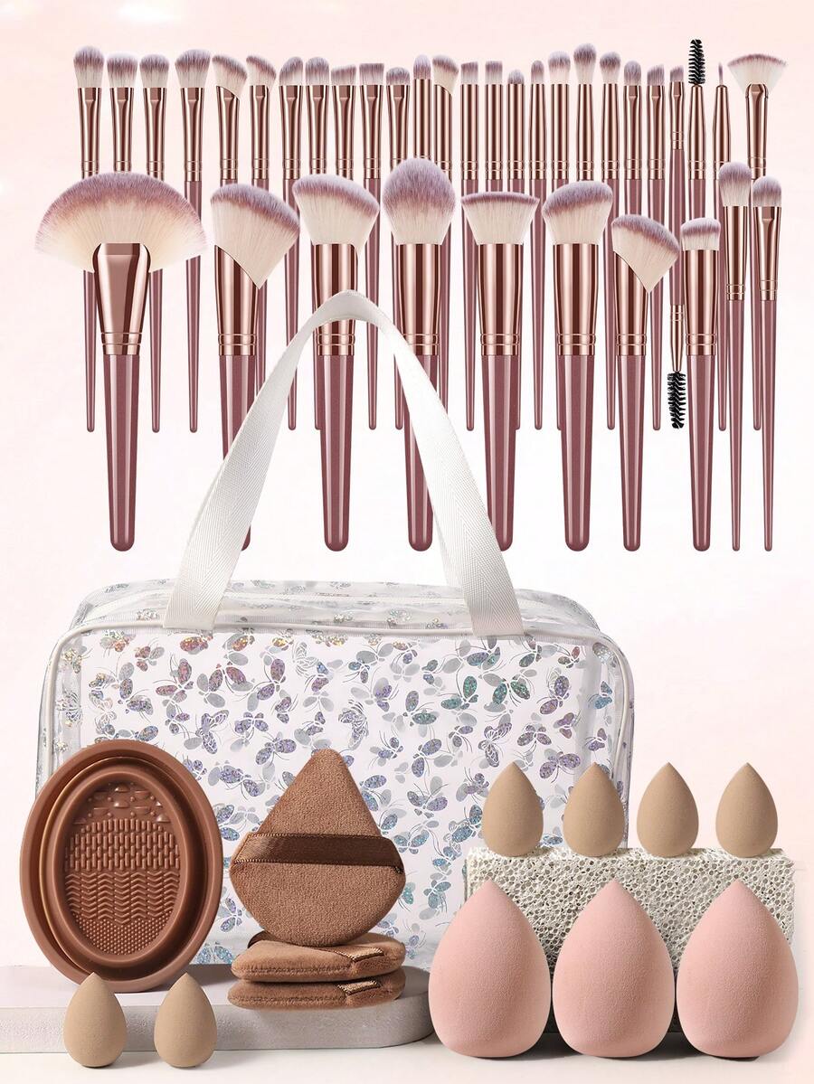 Set Alat Rias 4PCS/50PCS Termasuk: 36 Kuas Rias + 1 Tas Kosmetik dan Perlengkapan Mandi Multifungsi Tahan Air dengan Resleting + 1 Alat Pembersih Kuas Rias + 6 Spons Rias Mini + 3 Puff Bedak Segitiga + 3 Spons Rias - MultiWarna - View 1