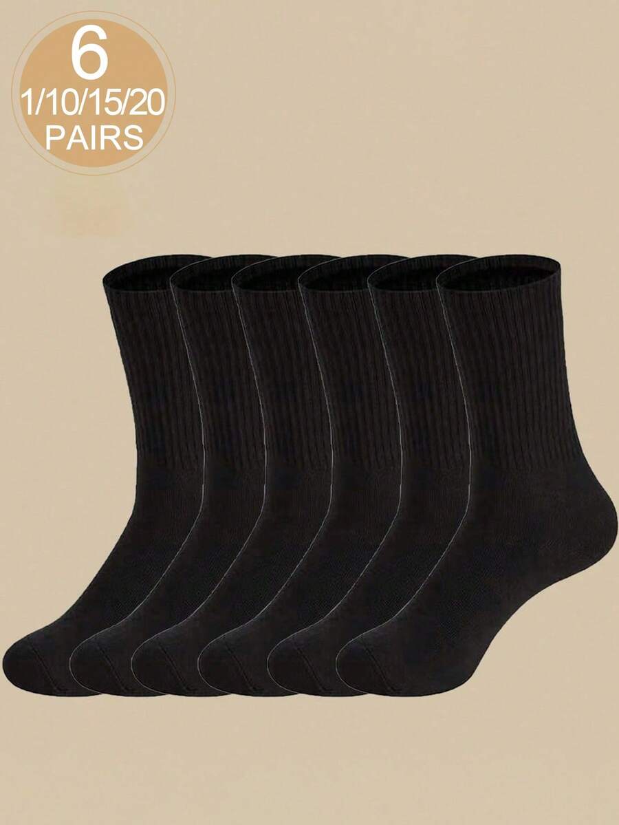 1/6/10/15/20 Pairs Men's White Solid Color Mid-Calf Breathable Versatile Socks - Black - View 1