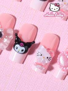 SANRIO 三麗鷗 Hello Kitty 24片中型棺材形白色法式穿戴式假指甲，可愛 Hello Kitty&Kuromi、蝴蝶結、愛心、珍珠與水鑽設計，春夏美甲，完美貼合壓克力假指甲組，適合女孩日常與派對使用 - 彩色 - 查看 3
