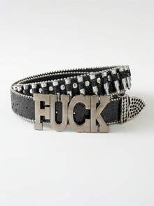 1 pieza Cinturón de cuero de unicolor para hombres con hebilla, letra y diamantes de imitación, estilo hip hop punk callejero - Hebilla con letra - Ver 5