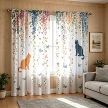2pcs Sheer Curtains Featuring A Cat And Floral Motif,Adorned With Watercolor-Style Trailing Vines,Butterflies,And Cat Silhouettes,Translucent Curtains Feature A 2D Flat Print,Suitable For Use In Dining Rooms,Living Rooms,And Balconies. - Multicolor - View 8