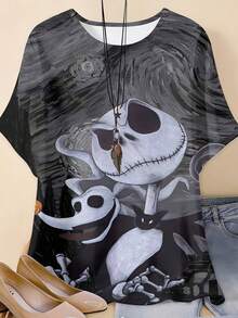 Disney, Jack Skellington And Zero Print, Round Neck Short Sleeve T-Shirt, For Casual Wear - 彩色 - 查看 2