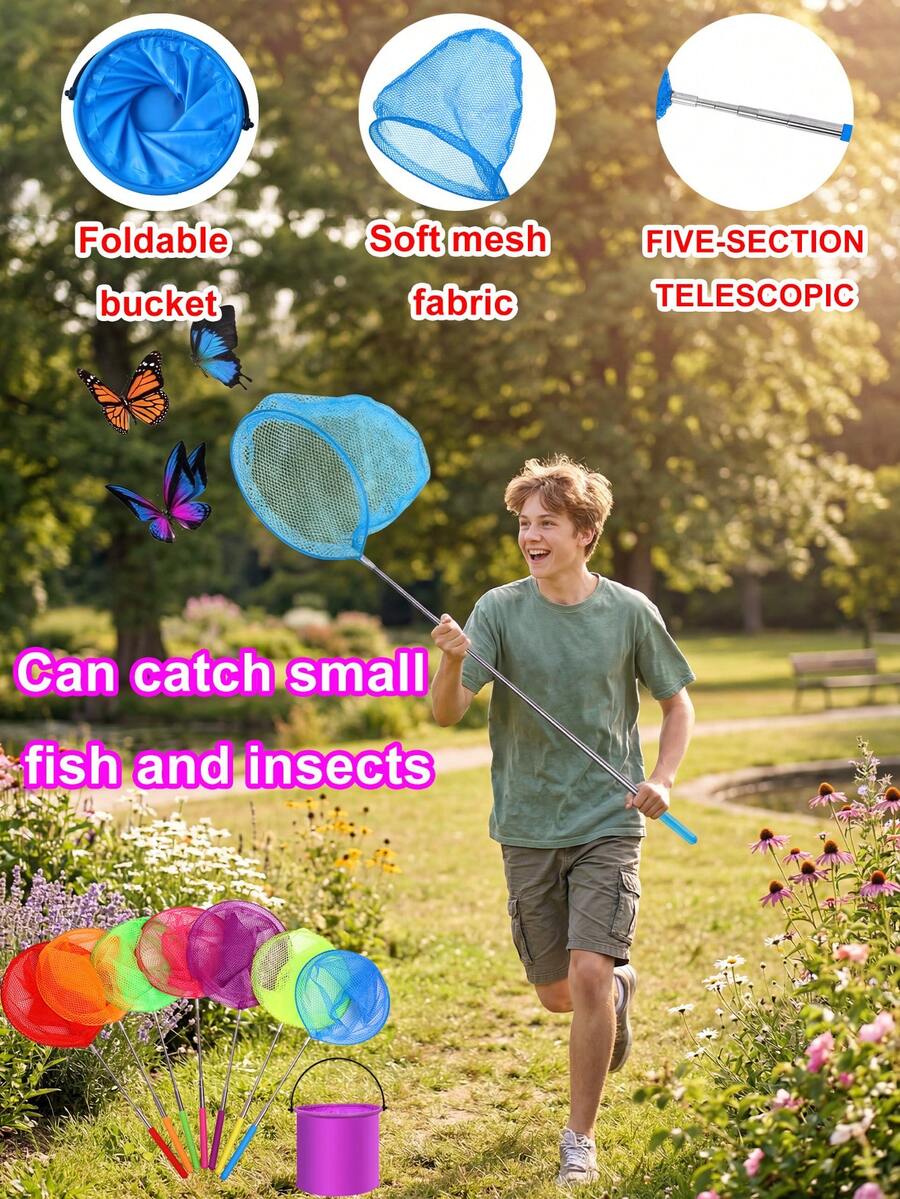 1pc/1set 6 Colors Available Fishing Net/Folding Bucket Stainless Steel Telescopic Fishing Net, Fish Scoop Net, Small Net Insect Net Fishing Net Shrimp Net Reusable Outdoor Tool Soft Mesh Fabric Does Not Harm Small Fish Suitable For Multiple Scenarios
