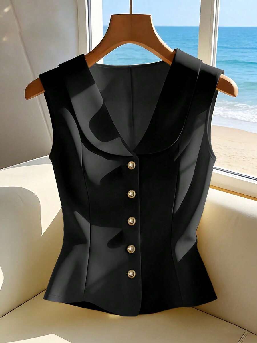 Top de verano sin mangas estilo francés para mujer, con peplum que realza la cintura, ropa exterior de color amarillo claro, top casual elegante para vacaciones. - Negro - Ver 1