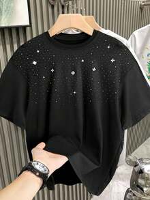 Camiseta casual de manga corta de unicolor con cuello redondo y proceso de perforación en caliente para hombres, nueva colección Primavera/Verano 2025 - Negro - Ver 1