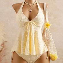 Women's Textured Halter Tankini Set, Two-Piece Swimsuit With Tie-Front Top & High Cut Bottoms - 米白色 - 查看 5