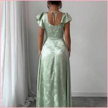 Vestido con cuello cuadrado, mangas con volantes, cintura ceñida y bajo con abertura, de tela jacquard verde, versátil para ir al trabajo, uso diario, - Champán - Ver 3