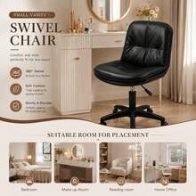 Vanity Chair With Back, PU Leather Swivel Office Desk Chair, Height Adjustable Armless Chair For Small Spaces, Bedroom, Vanity, Home Office Black - Black - View 6