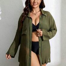 dagjydgfyja Swim Vcay Cover up de hombros caídos con parche de bolsillo con botón delantero sin sujetador - Negro01 - Ver 5