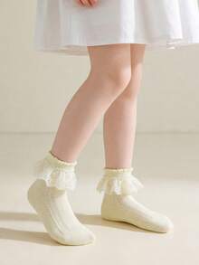 3 pares de calcetines de encaje de algodón de unicolor para niños, con volantes de princesa, versátiles para fiestas y baile - Multicolor - Ver 2