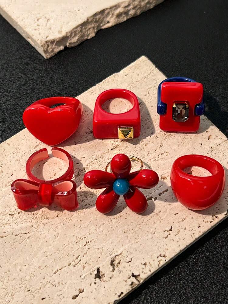 6pcs Low-Key Cool Black Resin Rings, Casual Versatile Light Punk Style Accessories - Multicolor E - View 6
