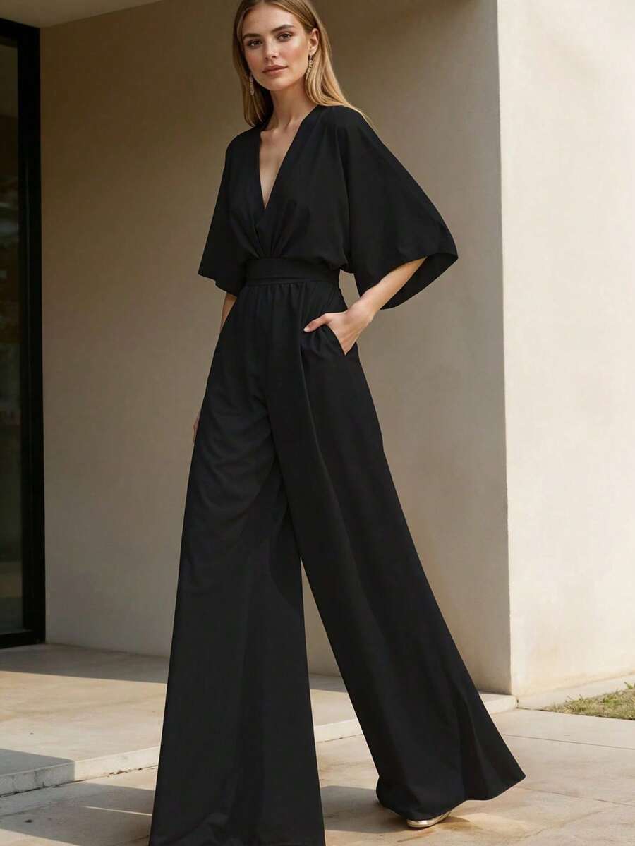 De Pierna Ancha Manga Bombacha Jumper De Moda Casual Para Dama - Negro - Ver 1