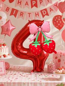 2pcs 40 Inch Red 0-9 Number + Bow Strawberry Foil Balloon Set, Suitable For Birthday Party, Baby Shower Decoration - Red Set - View 5