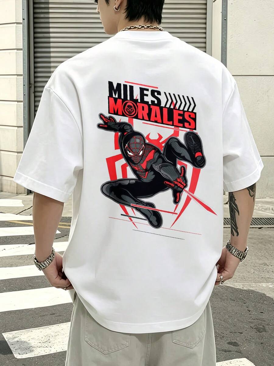 Marvel Miles Morales Spider-Man Action Scene Graphic T-Shirt 100% Cotton Men's Clothing Men's Shirt Men's Holiday Wear Marvel Series Gifts For Men Streetwear - 白色 - 查看 1
