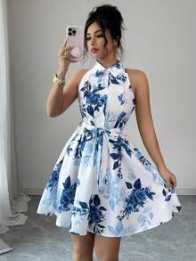 Vestido elegante de vacaciones con estampado floral, cuello halter y abotonadura sencilla para mujer - Multicolor 4 - Ver 1