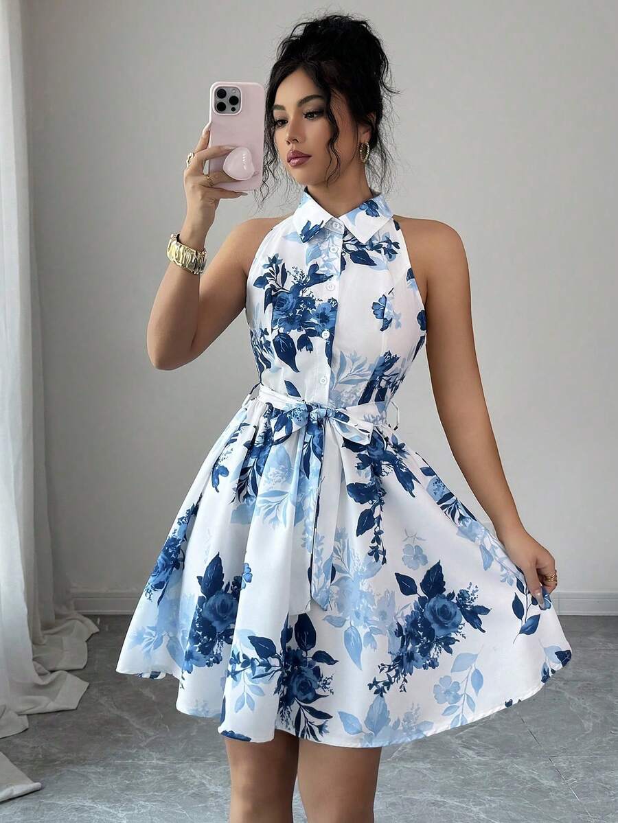 Vestido elegante de vacaciones con estampado floral, cuello halter y abotonadura sencilla para mujer - Multicolor 4 - Ver 1
