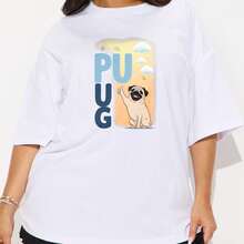 Camiseta holgada con estampado de perro pug, ropa casual de verano, top con gráfico de animal lindo, camiseta de mujer de algodón suave. - Blanco - Ver 1