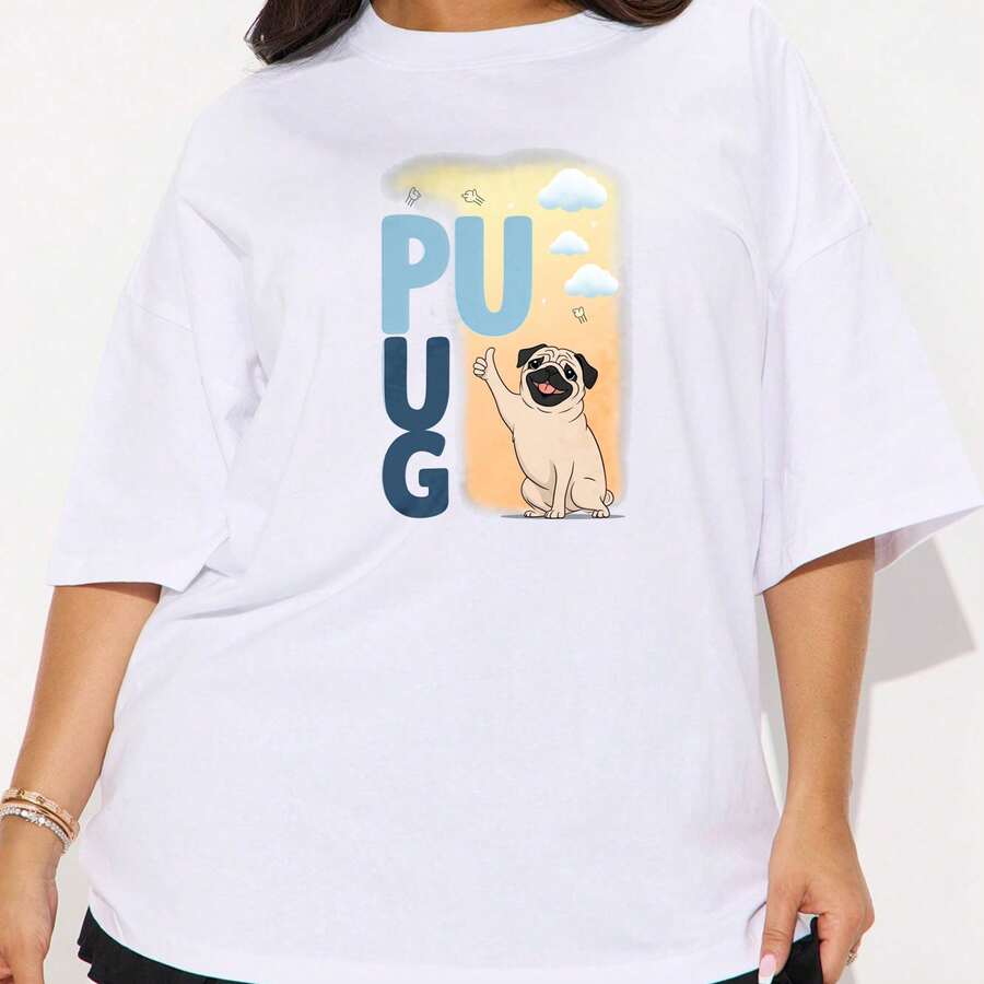 Camiseta holgada con estampado de perro pug, ropa casual de verano, top con gráfico de animal lindo, camiseta de mujer de algodón suave. - Blanco - Ver 1