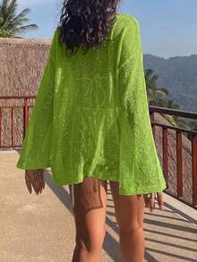 Women's Loose Drop Shoulder Casual Sheer Beach Cover Up For Summer Vacation - Lime Green - View 3