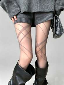 STAR RIVER SOCKS|1 Pair Thin Striped Transparent Tights, Fashion INS Style Black Tight Pants, Sexy Y2K Girl Stockings, White Sweet JK Base Stockings, Suitable For Daily And Street Wear - Multicolor - View 4