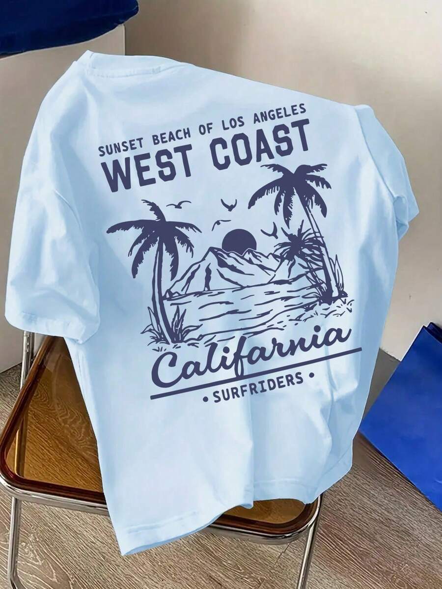 Simple Casual T-Shirt For Boys, Summer Beach Style With Mountain Sea And Tree Pattern, Round Neck, Short Sleeve, New Summer Short Sleeve Top For Young Children - 酒紅色 - 查看 1