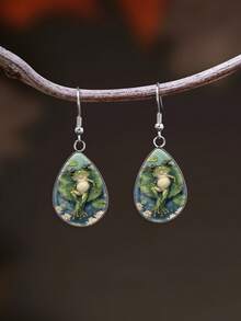 1 Pair Cartoon Fairy Tale Style Water Lily Frog Pattern With 316 Stainless Steel Teardrop Ear Hooks, Minimalist Style Suitable For Women's Daily Gift Wearing Jewelry Earrings, Elegant Minimalist Style Women's Suitable For Daily Vacation Wearing Jewelry Earrings - Olive Green - View 3