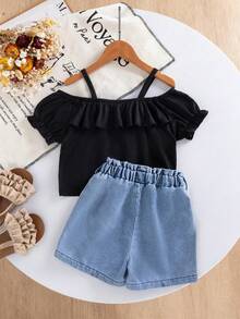2pcs/Set Young Girl Summer Fashionable Spaghetti Strap Ruffle Off-Shoulder Top Paired With Daily Versatile Side Button Bow Shorts, Suitable For Daily, Outdoor, School, Commute, Street - Black - View 3