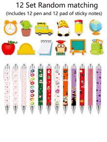 12/6/1 Set - Bolígrafos Retráctiles con Estampado Lindo + Notas Adhesivas de Dibujos Animados (20 Hojas), Regreso a la Escuela, Navidad, Día de San Valentín, Halloween, Regalo de Papelería para Maestro y Estudiante - Sacar papel - Ver 11