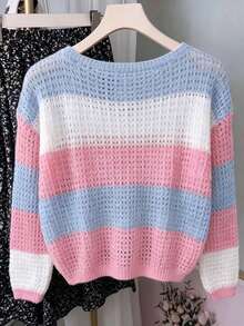Lässiger gestreifter Kontrastfarben-Cut Out-Locker-Strickpullover Sommer - Himmelblau - Übersicht 2