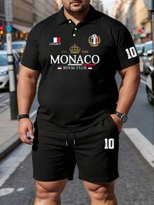 Herren-Modemodell in Große Größen, lässiges Kurzarm-Polo Shirt und Shorts-Set, kreativer Streetstyle mit coolem MONACO ROYAL CLUB Schriftzug, Kronen-Emblem und englischem Grafik, geeignet für Urlaub, Outdoor-Aktivitäten, Streetwear und den täglichen Gebrauch - Schwarz - Übersicht 1