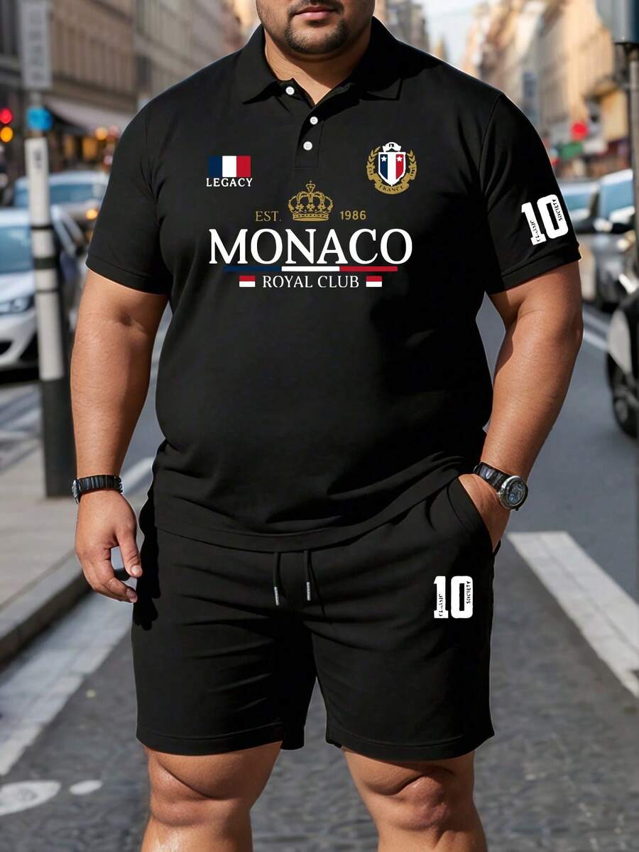 Herren-Modemodell in Große Größen, lässiges Kurzarm-Polo Shirt und Shorts-Set, kreativer Streetstyle mit coolem MONACO ROYAL CLUB Schriftzug, Kronen-Emblem und englischem Grafik, geeignet für Urlaub, Outdoor-Aktivitäten, Streetwear und den täglichen Gebrauch - Schwarz - Übersicht 1